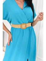 Dlouhé šaty s ozdobným páskem 6012F modré - Kesi