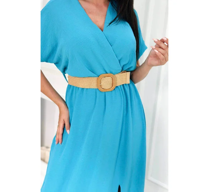 Dlouhé šaty s ozdobným páskem 6012F modré - Kesi