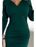 ANGELA - Klasické dámské šaty v lahvově zelené barvě s výstřihem a dlouhými rukávy 403-1