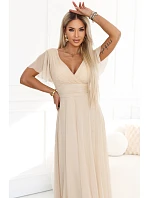 635-9 MELANIA dlouhé třpytivé svatební šaty s výstřihem a krátkými rukávy - béžové