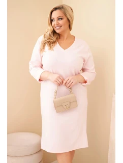 Šaty dámské Plus Size máslové s výstřihem do V a rukávem pudrově růžová