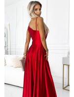 Dlouhé elegantní saténové šaty na jedno rameno Numoco - červené