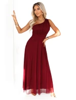 656-1 Dlouhé třpytivé večerní šaty na jedno rameno - vínové 656-1 Dlouhé třpytivé večerní šaty na jedno rameno - vínové