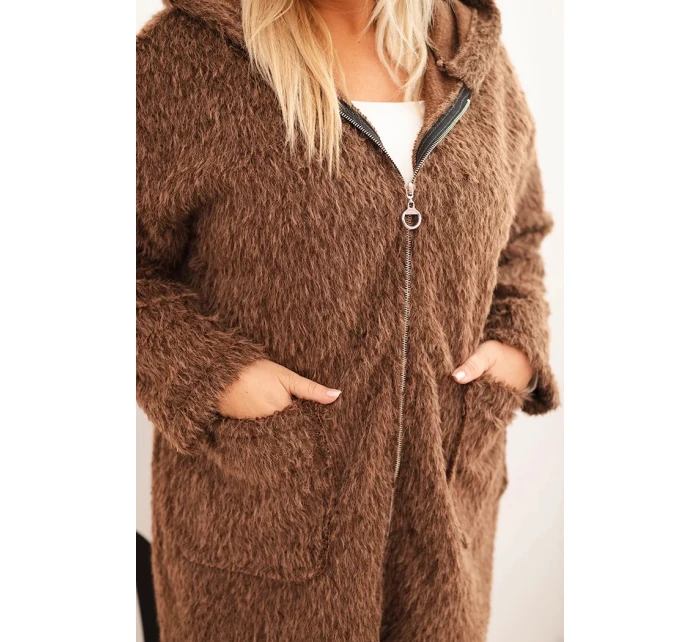 Dámský kabát Plus Size z viskózy na zip s kapucí hnědý