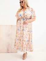 Dámské šaty Plus Size s květinami se zavazováním béžová