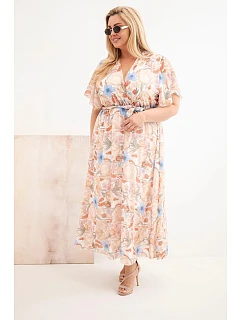 Dámské šaty Plus Size s květinami se zavazováním béžová