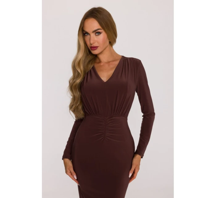 M891 Šaty s řasením a šerpou - hnědé M891 Šaty s řasením a šerpou - hnědé