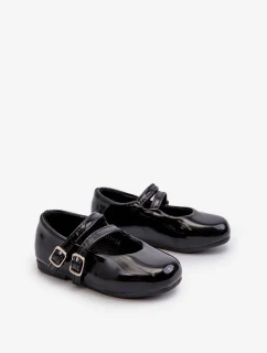 Lakované dětské balerínky s ramínky, černá Margenis