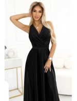 587-2 MONIQUE dlouhé exkluzivní saténové šaty s výstřihem a rozparkem na nohou - BLACK 587-2 MONIQUE dlouhé exkluzivní saténové šaty s výstřihem a rozparkem na nohou - BLACK