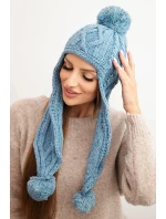 Dámská zimní čepice vlněná s bambulkami a prodlouženými boky K448 tyrkysová