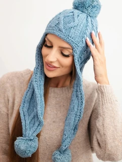 Dámská zimní čepice vlněná s bambulkami a prodlouženými boky K448 tyrkysová