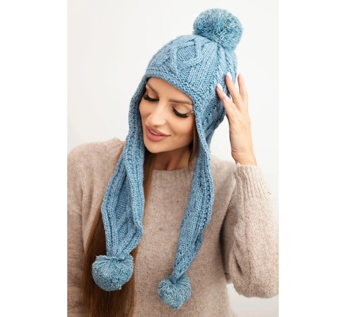 Dámská zimní čepice vlněná s bambulkami a prodlouženými boky K448 tyrkysová