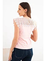 Dámská bavlněná halenka s krajkovým vrškem a krátkým rukávem pudrově růžová