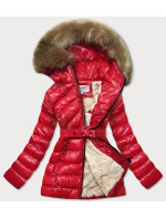 Lesklá červená zimní bunda s mechovitým kožíškem (W674)
