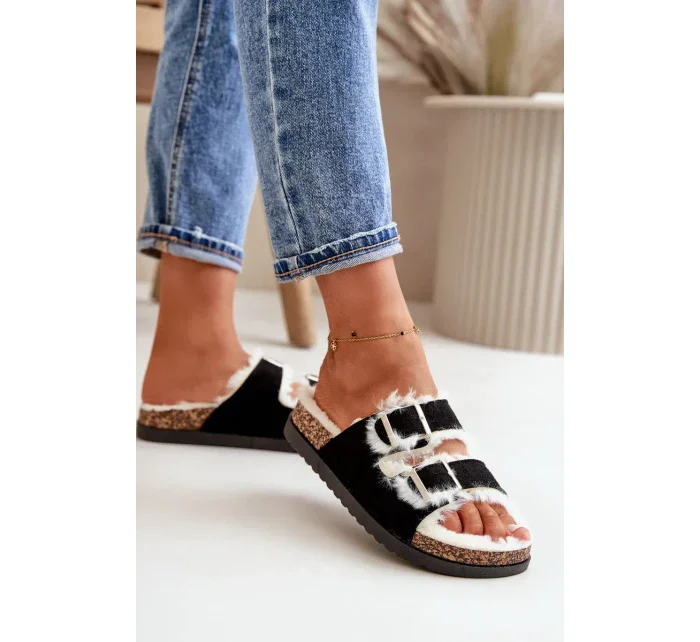 Dámské Pantofle S Přezkami A Kožešinou Černé Ezilena