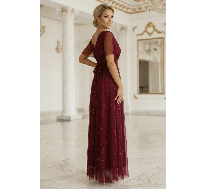 Dlouhé lesklé šaty 635-5 MELANIA vínové - Numoco Dlouhé lesklé šaty 635-5 MELANIA vínové - Numoco