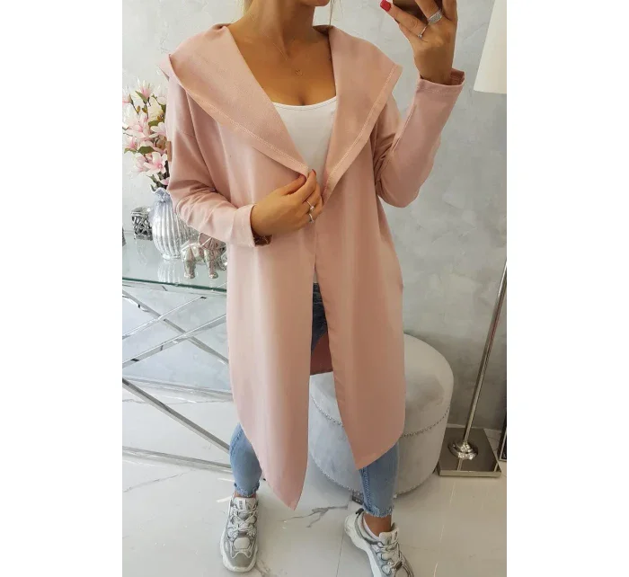 Dlouhý kabát s kapucí tmavě pudrově růžový