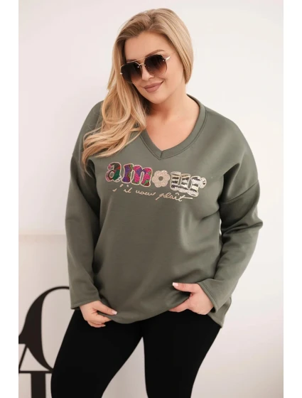 Dámská mikina Plus Size s nápisem a výstřihem do V khaki