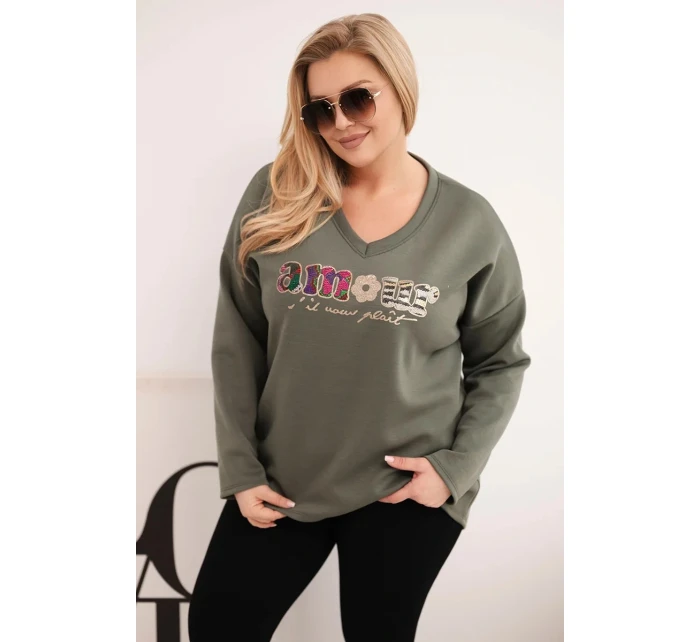 Dámská mikina Plus Size s nápisem a výstřihem do V khaki