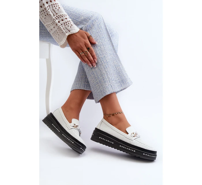 Dámské kožené mokasíny na platformě s řetízkem S.Barski LR618 Bílé