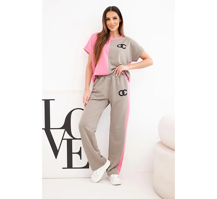 Dámský komplet máslový s oversize mikinou a širokými kalhotami růžový + fango Dámský komplet máslový s oversize mikinou a širokými kalhotami růžový + fango