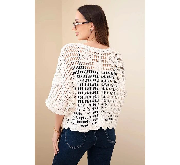 Dámský bavlněný prolamovaný svetr zapínaný na knoflíky s krátkým rukávem béžový