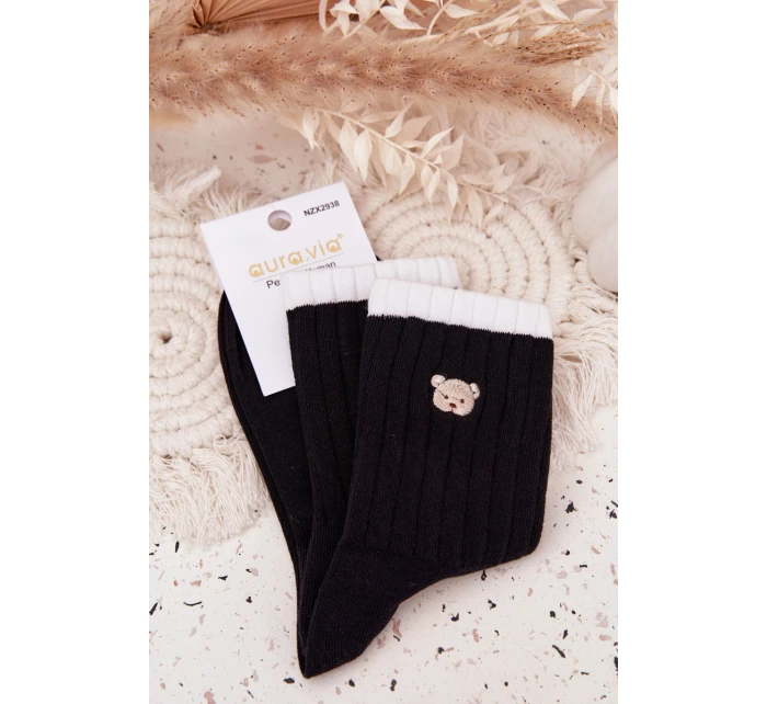 Dámské bavlněné ponožky s malým medvídkem černé
