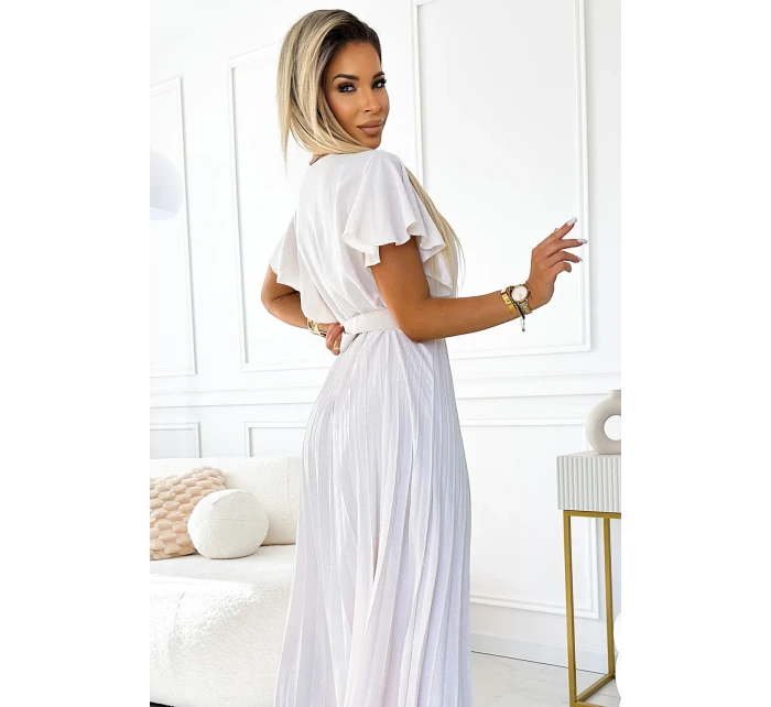 585-1 Plisowana letnia sukienka midi z dekoltem i szerokim paskiem - ECRU 585-1 Plisowana letnia sukienka midi z dekoltem i szerokim paskiem - ECRU