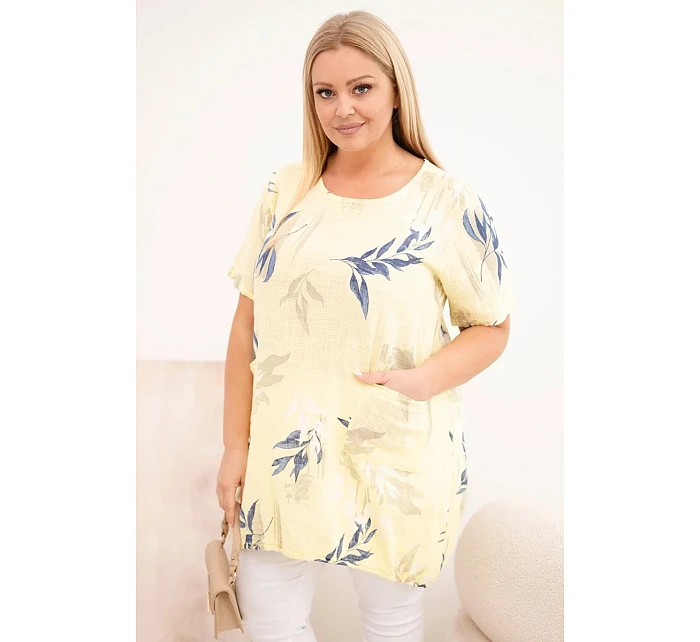 Dámská bavlněná halenka Plus Size s krátkým rukávem a vázáním dole žlutá