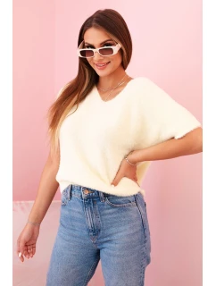Dámský svetr z měkkého vlákna s V výstřihem krátký rukáv žlutý