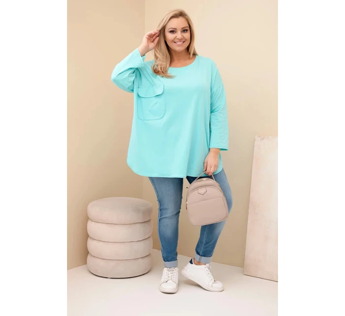 Dámská blůza Plus Size s bavlnou, kapsou a ohrnutým rukávem mátová