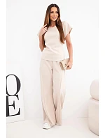 Dámský měkký komplet s halenkou s krátkým rukávem a kalhotami se širokou nohavicí béžový