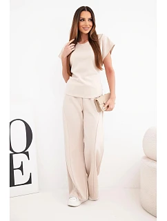 Dámský měkký komplet s halenkou s krátkým rukávem a kalhotami se širokou nohavicí béžový