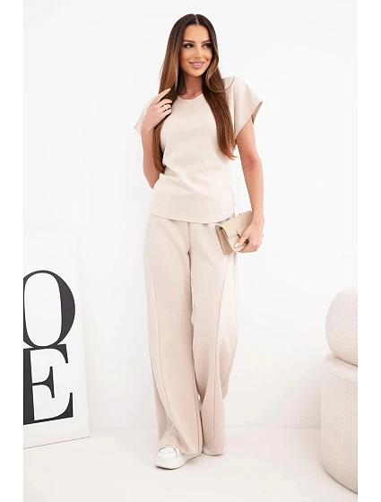 Dámský měkký komplet s halenkou s krátkým rukávem a kalhotami se širokou nohavicí béžový