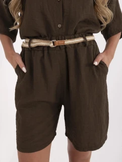 Tmavě hnědé dámské kraťasy s přídavkem lnu (6620)