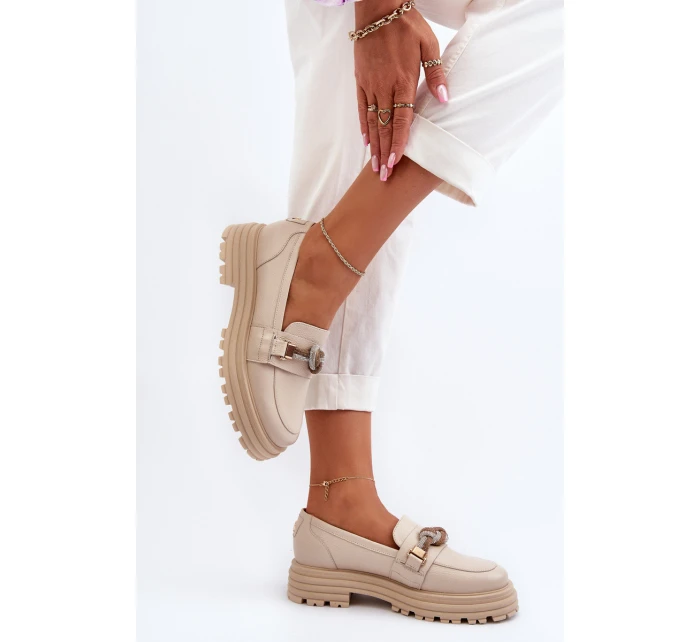 Dámské kožené mokasíny s ozdobou model 21652964 béžové - Laura Messi