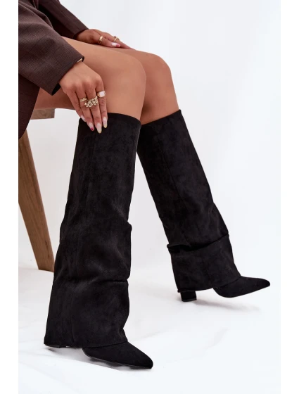 Dámské zateplené kozačky s vyhrnutou špičkou na sloupkovém podpatku Elivira – černé 