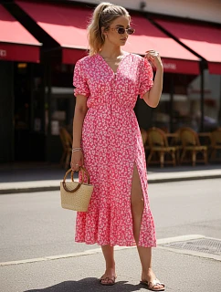 Dámské midi šaty s květinovým vzorem v růžové barvě FashionStreet EY2658