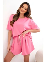 Dámský viskózový maslový komplet s krátkým rukávem a šortky s vysokým pasem růžový