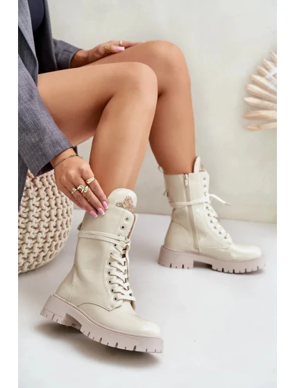 Lakované Zateplené Kotníkové Boty Workery s Ozdobou Béžové Kelilea Lakované Zateplené Kotníkové Boty Workery s Ozdobou Béžové Kelilea