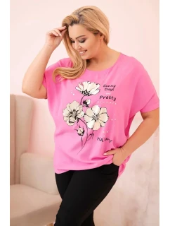 Dámská blůza Plus Size z viskózy s květinovým potiskem a nápisem růžová