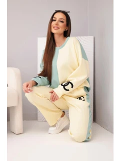 Dámský teplákový komplet Masełko dvoubarevný s oversized mikinou a rovnými kalhotami tmavě mátová+žlutá