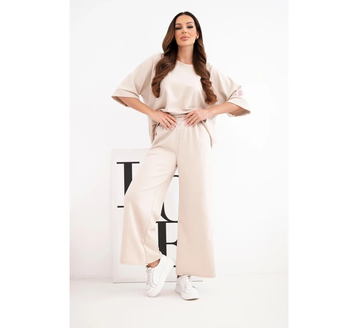 Dámský máslový komplet z viskózy mikina a široké kalhoty béžový