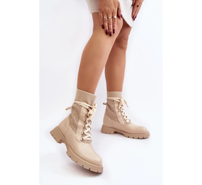 Dámské kozačky se šněrováním a světle béžové model 21642187 - Boto
