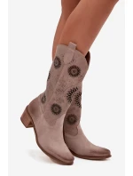 Semišové kožené dámské kozačky s vzorem  Cappuccino model 21713265 - Zazoo