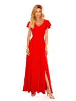 310-2 LIDIA dlouhé šaty s výstřihem a volánky - ČERVENÉ