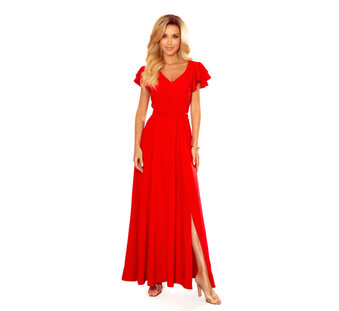 LIDIA - Dlouhé červené dámské šaty s volánky a dekoltem 310-2