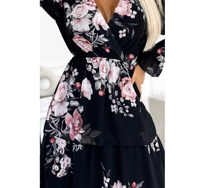 MARTINA - Dámské midi šaty s výstřihem, třemi volánky a se vzorem růží na černém pozadí 435-1