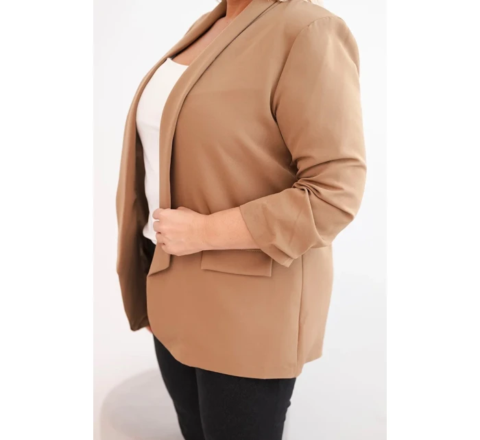 Dámská bunda Plus Size bez zapínání s podšívkou model 21468644 camelová - K-Fashion
