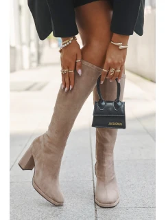 Dámské kozačky s na sloupkovém podpatku béžové model 21709502 - Boto